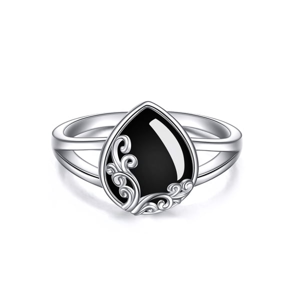 Black Onyx Ring for Women 925 Sterling Silver Pear Shape Onyx Filigree Ring Gem Stone Jewelry Gifts for Women