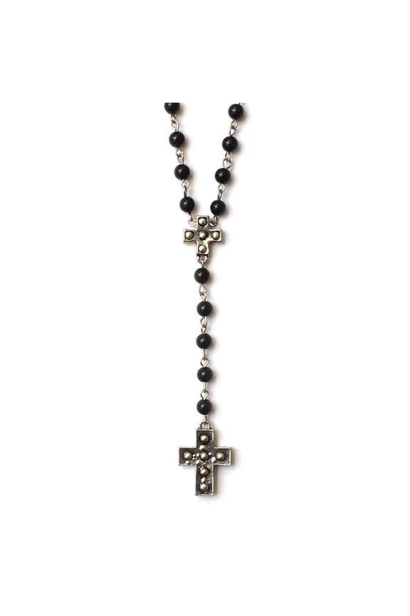 Black Onyx Rosary Necklace With Double Crucifix