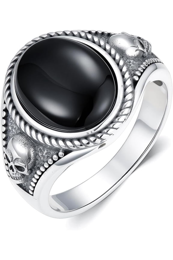 Black Onyx Skull Rings for Men 925 Sterling Silver Gothic Vintage Oval Black Onyx Gemstone Skull Ring Jewelry Gifts for Father