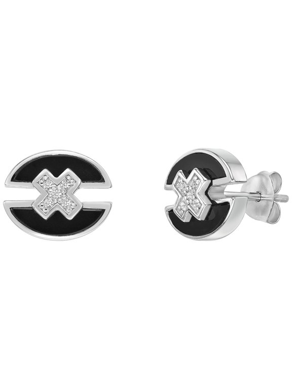 Black Onyx Split X Center Oval Stud Earrings for Women in 925 Sterling Silver with White Sapphire Push Back Studs by Lavari Jewelers