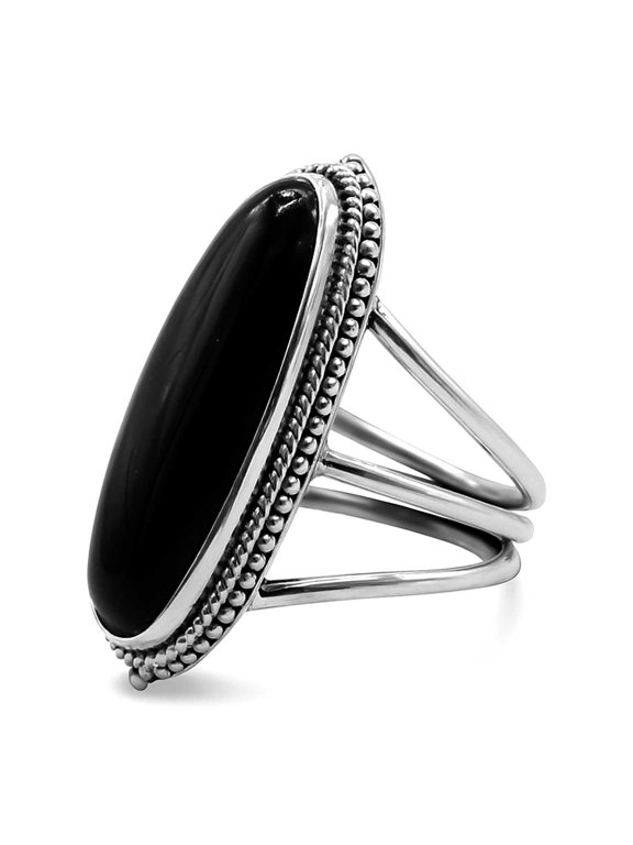 Black Onyx Statement Silver Plated Ring, Handcrafted Bezel Setting, Oval Cabochon,