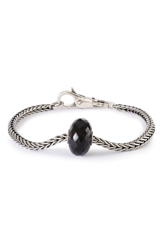 Silver Black Onyx Beaded Bracelet, Size 7.1"
