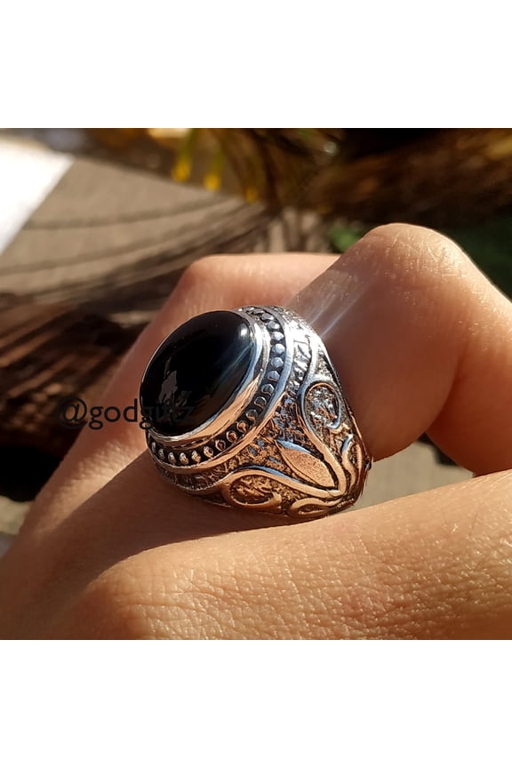 Black Onyx Sterling Silver Ring: Arabic Style Mens Jewelry