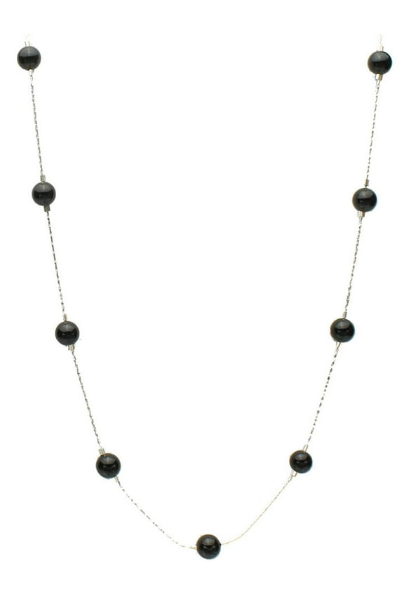 Black Onyx Stone Beads Station Illusion Sterling Silver Chain Necklace, 20"