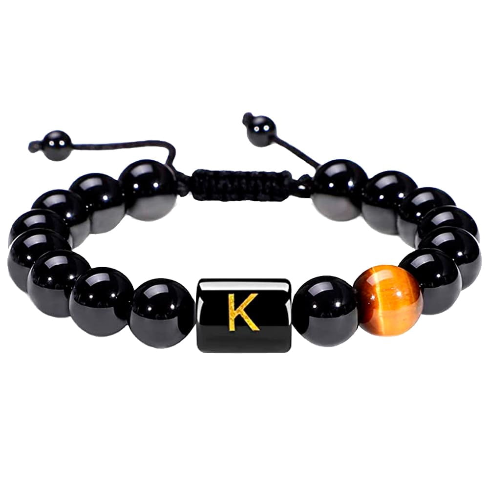 Men's Initial Letter Bracelet – Triple Protection Black Obsidian, Tiger Eye, Hematite Beads, 10mm, Adjustable, Custom Initial