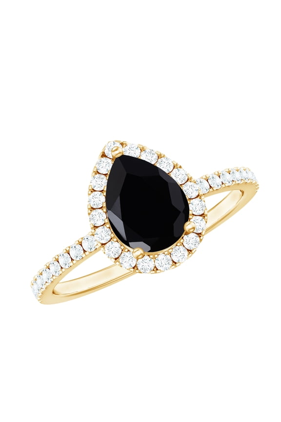 Black Onyx Teardrop Ring for Women with Diamond Halo (5X7 MM Pear Shape Onyx), 14K Yellow Gold, US 5.00