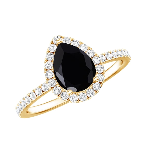 Rosec Jewels Black Onyx Teardrop Ring for Women with Diamond Halo (5X7 MM Pear Shape Onyx), 18K Yellow Gold, US 3.00