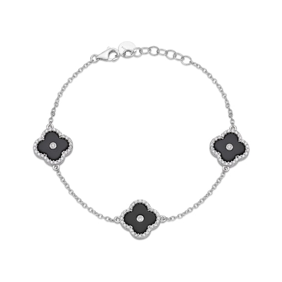 Lavari Jewelers Flora Women's Black Onyx Three-Station Flower Bracelet in 925 Sterling Silver with Cubic Zirconia Halo - 7-8 Inch Adjustable Cable Chain