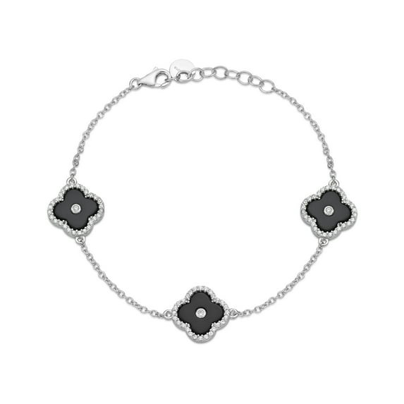Lavari Jewelers Flora Women's Black Onyx Three-Station Flower Bracelet in 925 Sterling Silver with Cubic Zirconia Halo - 7-8 Inch Adjustable Cable Chain