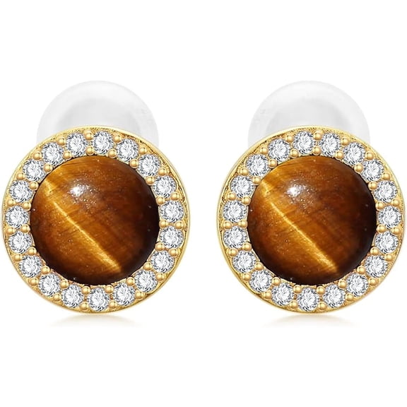 Black Onyx/Turquoise/Lapis Lazuli/Malachite/Tiger Eye/Red Agate Stud Earrings Sterling Silver Plated 14k Gold Round Genuine Gemstone Earrings Jewelry Gift for Women Wife