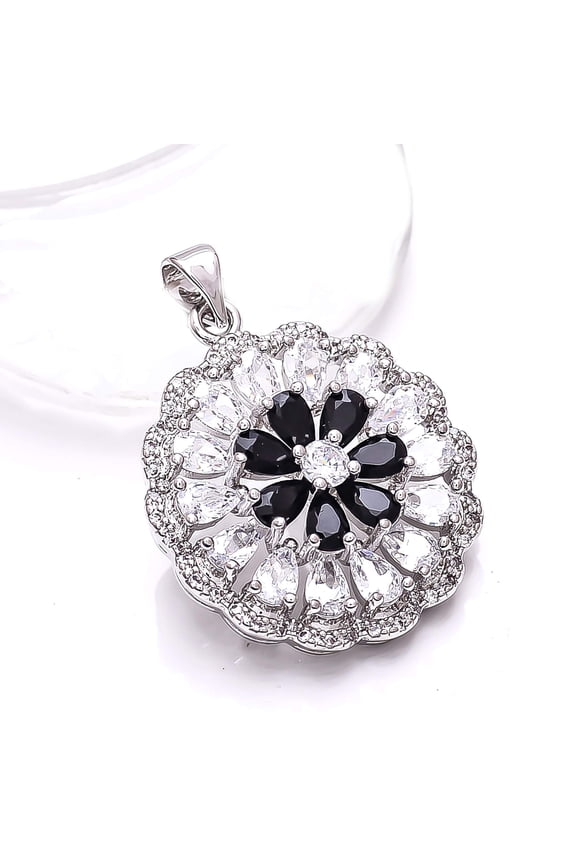 Black Onyx, White Topaz 925 Silver Platinum Plated Pendant 1.20" P8035, Black Onyx Pendant, Gift For Her, Pear Pendant, Black Pendant
