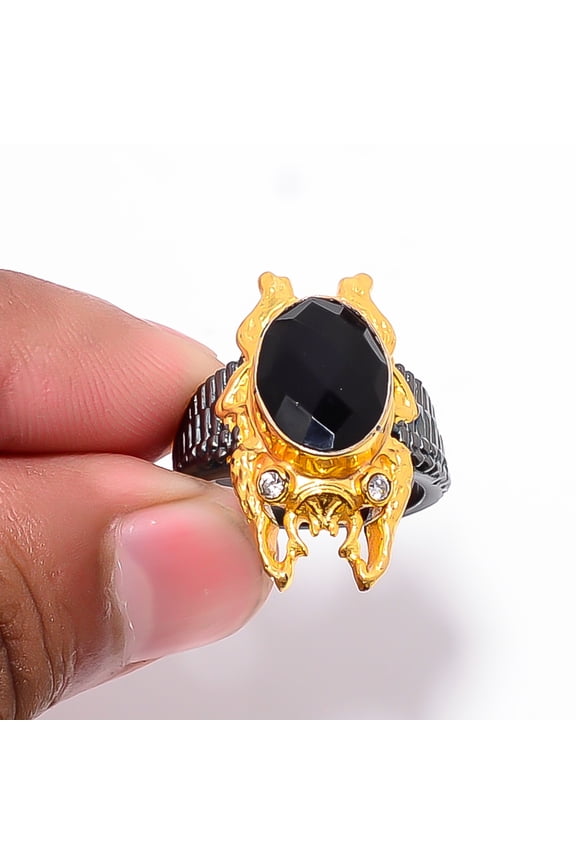 Black Onyx & White Topaz 925 Sterling Silver Frog Ring S.7.5 R8751, Christmas Gift