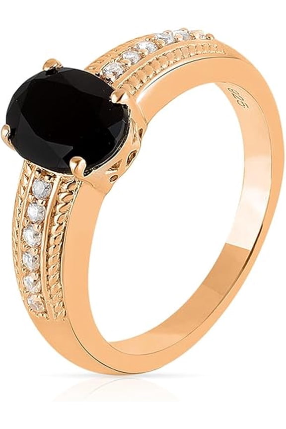 Black Onyx & White Zircon Oval Solitaire Ring in 925 Sterling Silver with Rose Gold Plating – Bold Statement Ring for Women, Gift for Birthday, Anniversary, Wife, Mom, or Girlfriend – Size 8