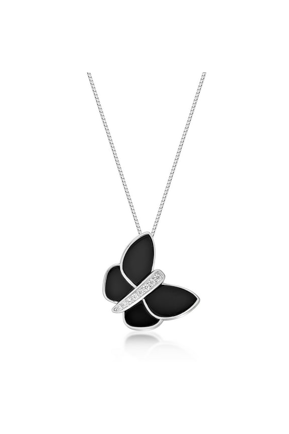Black Onyx and Cubic Zirconia Butterfly Pendant Necklace in 925 Sterling Silver on 18 Inch Chain with Spring Ring by Lavari Jewelers