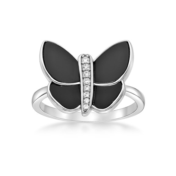 Black Onyx and Cubic Zirconia Butterfly Ring for Women in 925 Sterling Silver Size 6