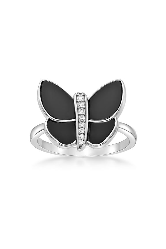 Black Onyx and Cubic Zirconia Butterfly Ring for Women in 925 Sterling Silver Size 8