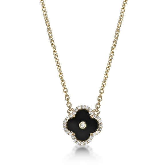 Black Onyx and Cubic Zirconia Flower Pendant Necklace for Women in 925 Sterling Silver with Yellow Gold Plating 16-18 Inches Adjustable Spring Ring