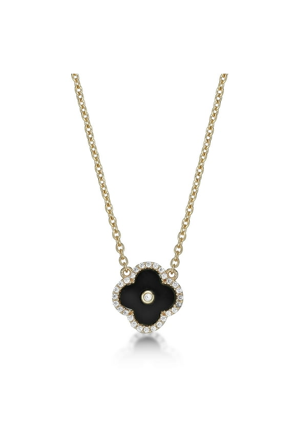 Black Onyx and Cubic Zirconia Flower Pendant Necklace for Women in 925 Sterling Silver with Yellow Gold Plating 16-18 Inches Adjustable Spring Ring