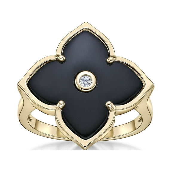 Black Onyx and Cubic Zirconia Flower Ring for Women in 925 Sterling Silver with Yellow Gold Plating Size 8 by Lavari Jewelers