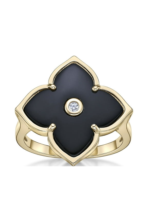 Black Onyx and Cubic Zirconia Flower Ring for Women in 925 Sterling Silver with Yellow Gold Plating Size 8 by Lavari Jewelers