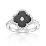 Black Onyx and Cubic Zirconia Four Leaf Clover Ring for Women in 925 Sterling Silver Size 6 by Lavari Jewelers