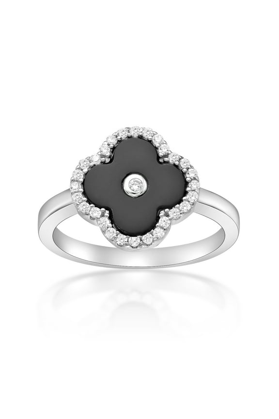Black Onyx and Cubic Zirconia Four Leaf Clover Ring for Women in 925 Sterling Silver Size 6 by Lavari Jewelers