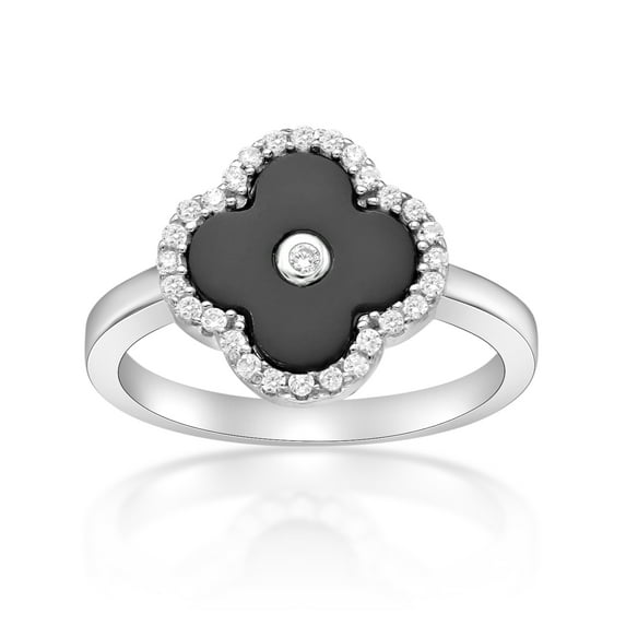 Black Onyx and Cubic Zirconia Four Leaf Clover Ring for Women in 925 Sterling Silver Size 7 by Lavari Jewelers