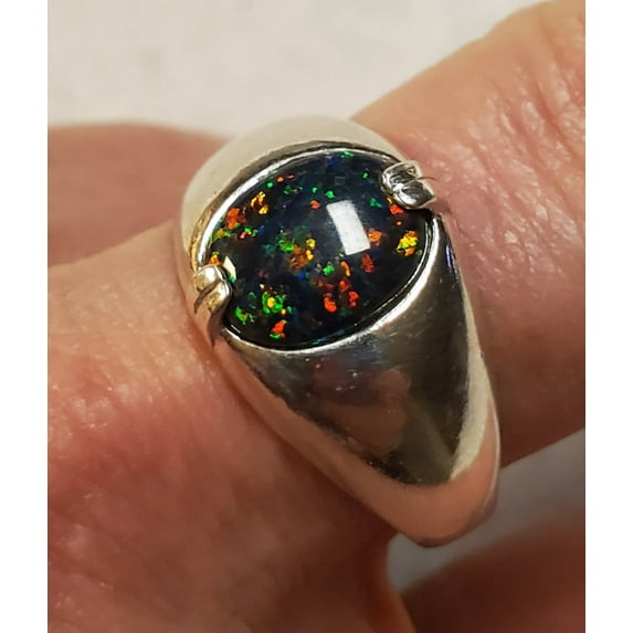 Black Opal Cabochon Men's Ring 925 Silver Oval Black Opal Anniversary Gift for Him Classic Opal Engagement Ring October Birthstone Gift Ring