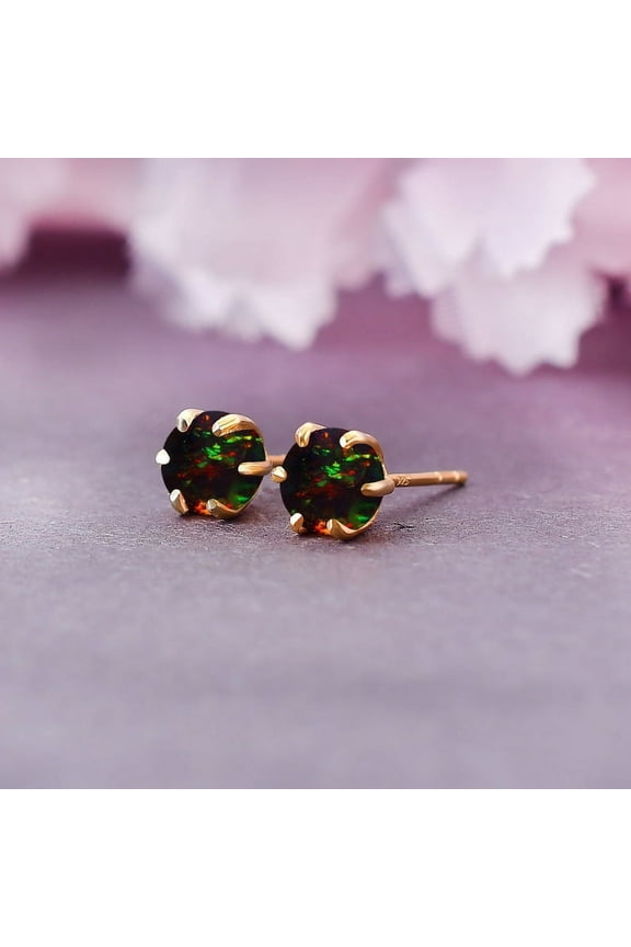 Black Opal Gold Earrings For Women, Wedding Engagement Bridal Bridesmaid Round Black Opal Stud Earrings Black Fire Opal Earring Gift For Her