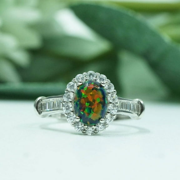 Black Opal Ring, 925 Sterling Silver Band Ring, Dainty CZ Halo Ring, Black Opal Jewelry, Birthstone Ring Gift, Anniversary Ring, Gift Ring