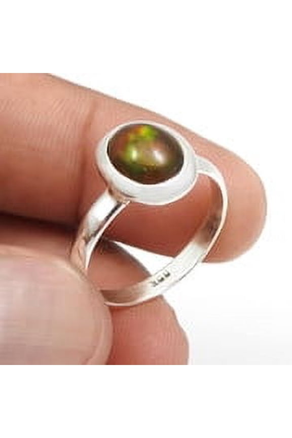 Black Opal Stone Solid Sterling Silver Birthday Band Boho Bezel New Ring Size 8