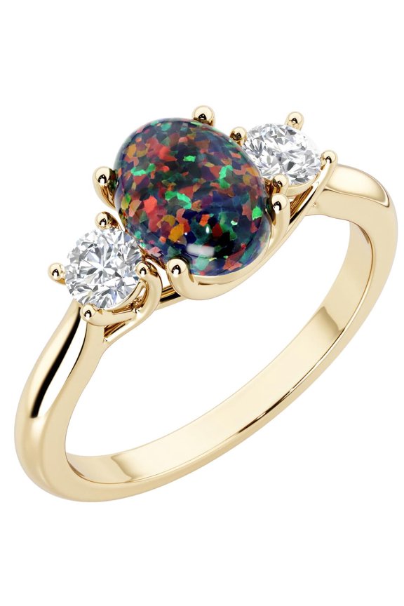 Black Opal and Lab Grown Diamond 3-Stone Trellis Ring 14K Gold 1.30 Carats Oval