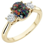 PEORA Black Opal and Lab Grown Diamond 3-Stone Trellis Ring 14K Gold 1.30 Carats Oval