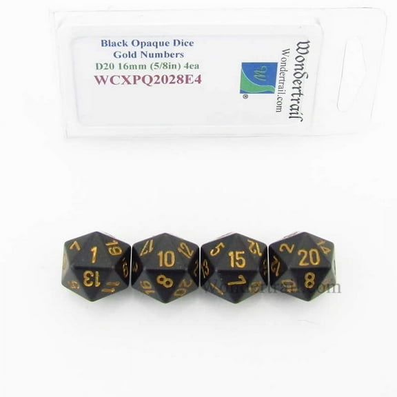 Black Opaque Dice with Gold Numbers D20 Aprox 16mm (5/8in) Pack of 4 Wondertrail