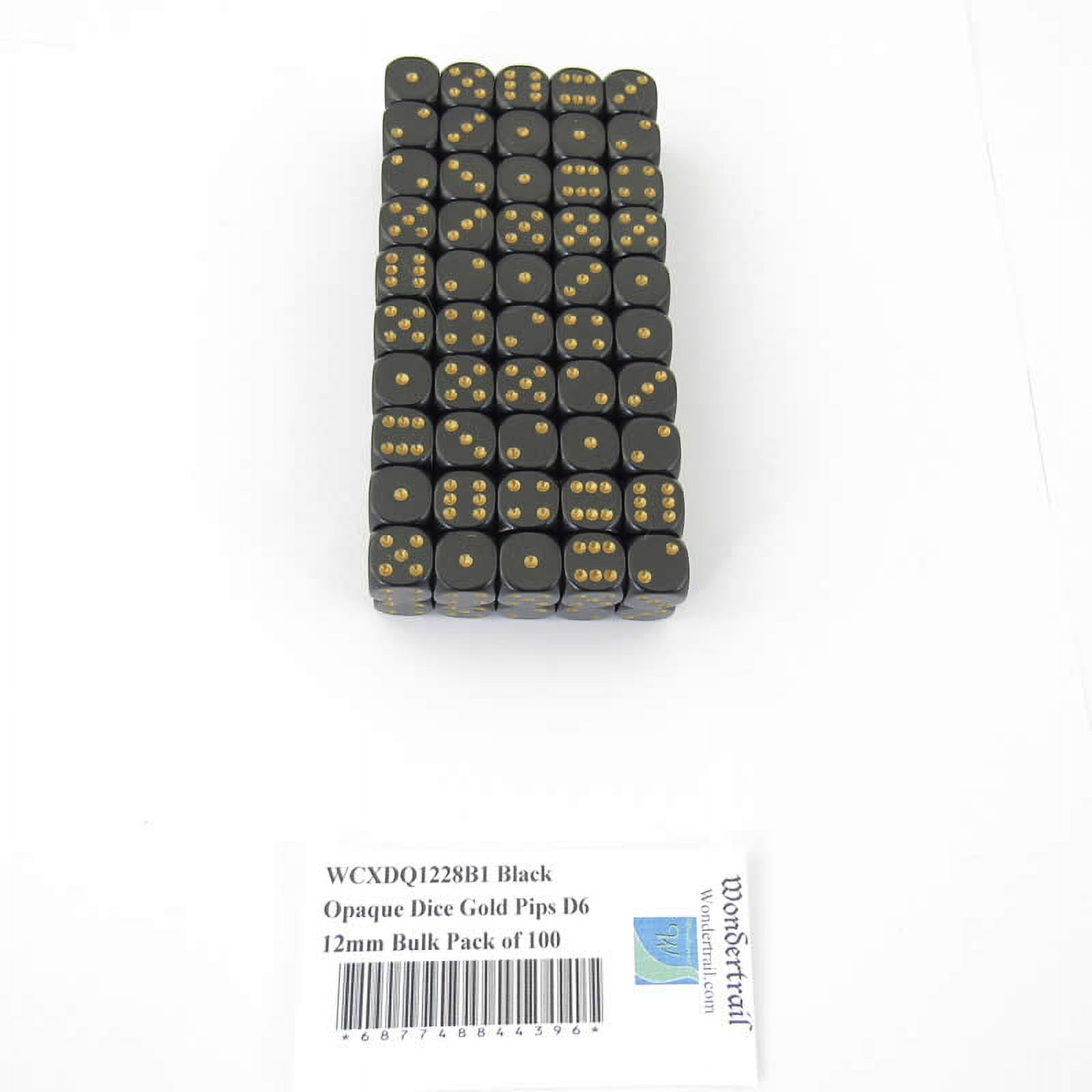 Black Opaque Dice with Gold Pips D6 12mm (1/2in) Bulk Pack of 100 Wondertrail