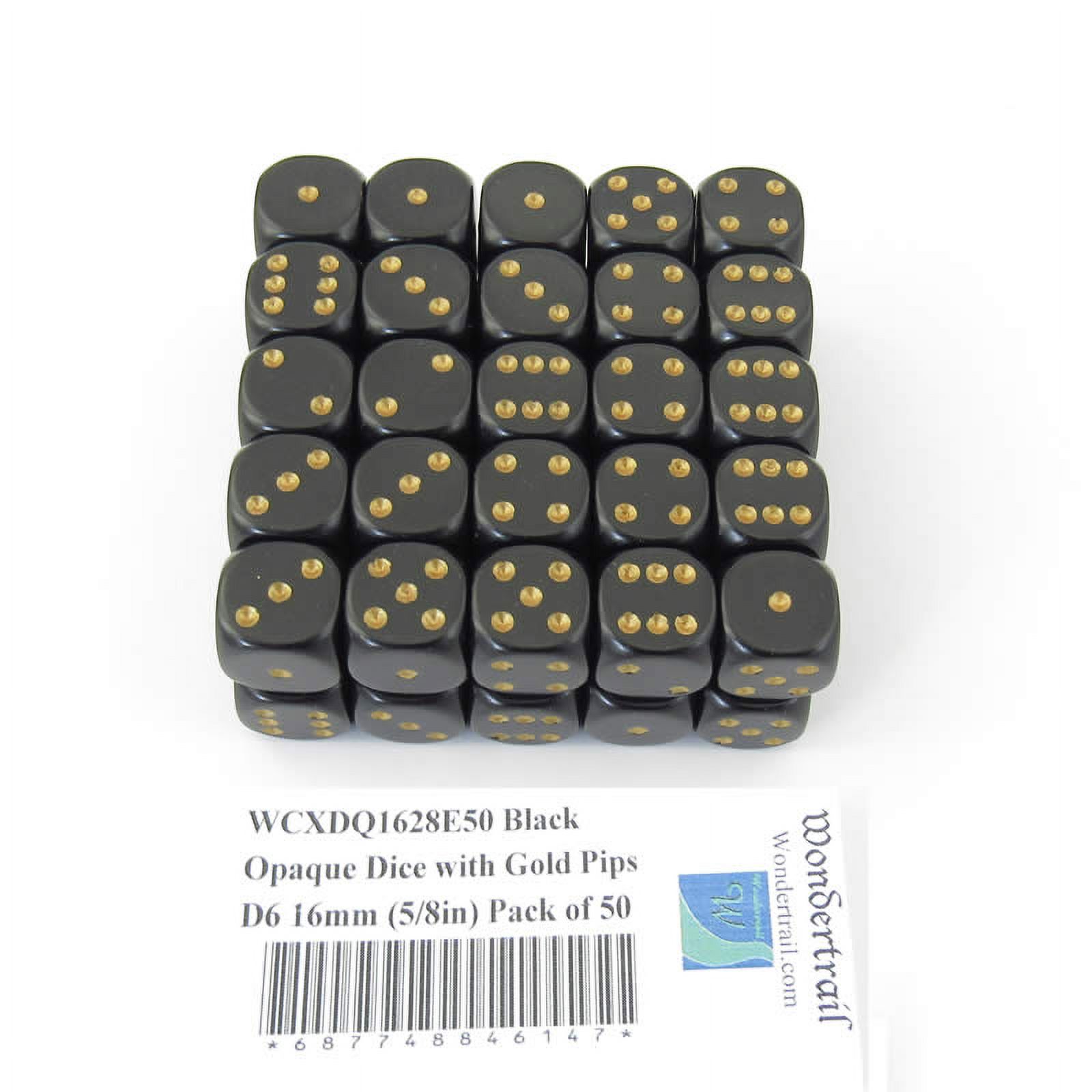 Black Opaque Dice with Gold Pips D6 16mm (5/8in) Pack of 50 Wondertrail