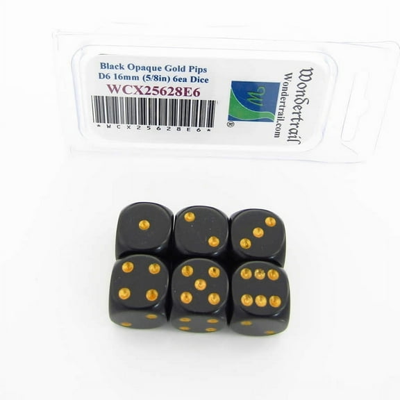 Black Opaque Dice with Gold Pips D6 16mm (5/8in) Pack of 6 Wondertrail