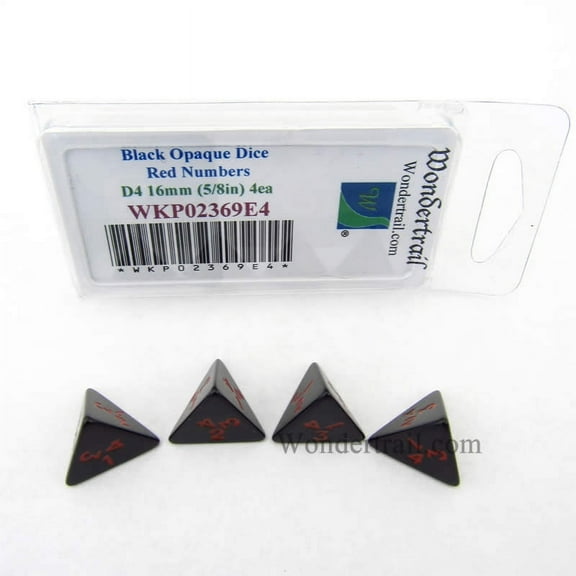 Black Opaque Dice with Red Numbers D4 16mm (5/8in) Pack of 4 Wondertrail
