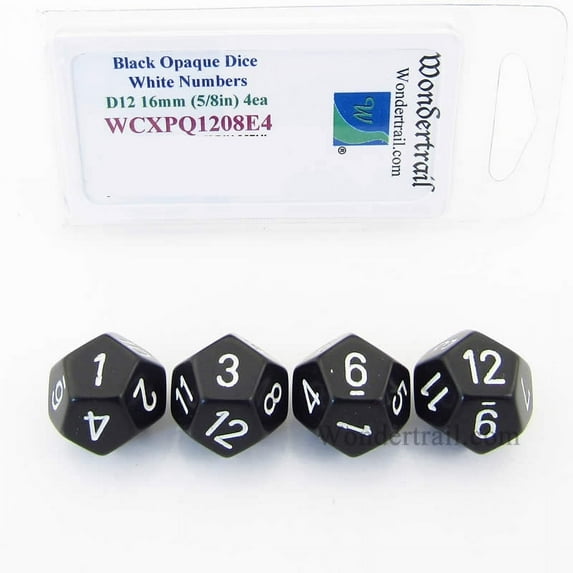 Black Opaque Dice with White Numbers D12 Aprox 16mm (5/8in) Pack of 4 Wondertrail