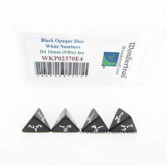 Black Opaque Dice with White Numbers D4 16mm (5/8in) Pack of 4 Wondertrail