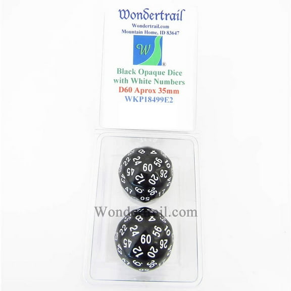 Black Opaque Dice with White Numbers D60 35mm (1.38in) Pack of 2 Wondertrail