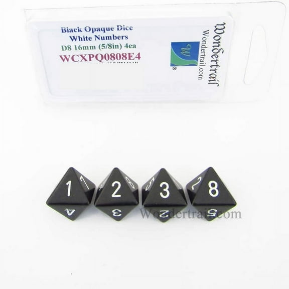 Black Opaque Dice with White Numbers D8 Aprox 16mm (5/8in) Pack of 4 Wondertrail