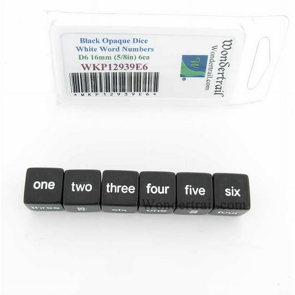 Black Opaque Dice with White Word Numbers D6 16mm (5/8in) Set of 6 Wondertrail
