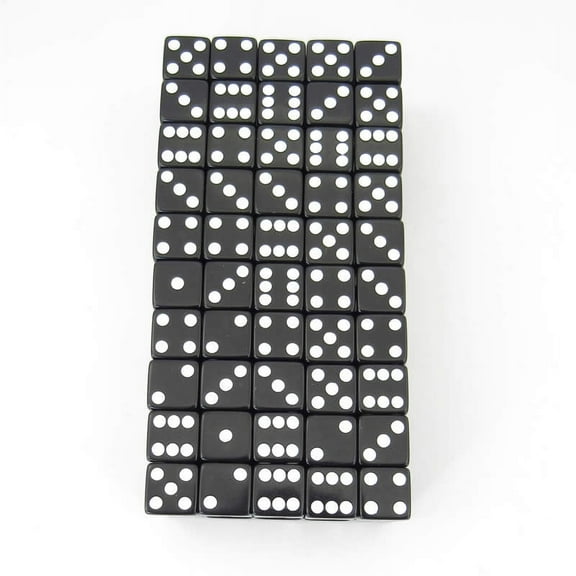 Black Opaque Squared Corner Dice White Pips D6 16mm (5/8in) Pack of 100 Wondertrail