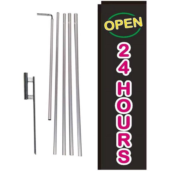Black Open 24 Hours Rectangle Feather Banner Flag with Pole Kit and Ground Spike for Outdoor Advertising, Large Signs for Businesses