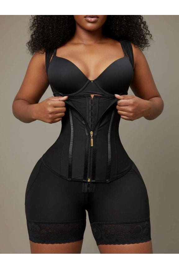 Black Open Bust Shapewear Bodysuit With Zipper Front Tummy Control Butt Lifting