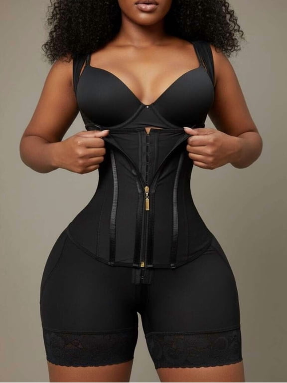 Black Open Bust Shapewear Bodysuit With Zipper Front Tummy Control Butt Lifting