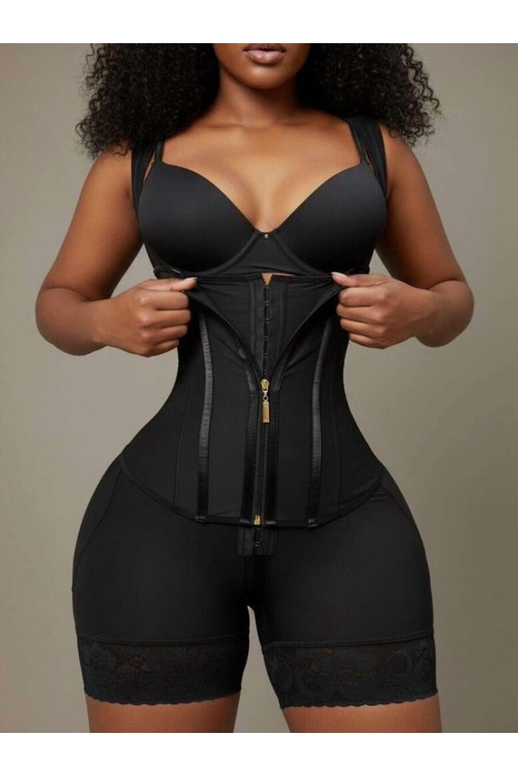 Black Open Bust Shapewear Bodysuit With Zipper Front Tummy Control Butt Lifting
