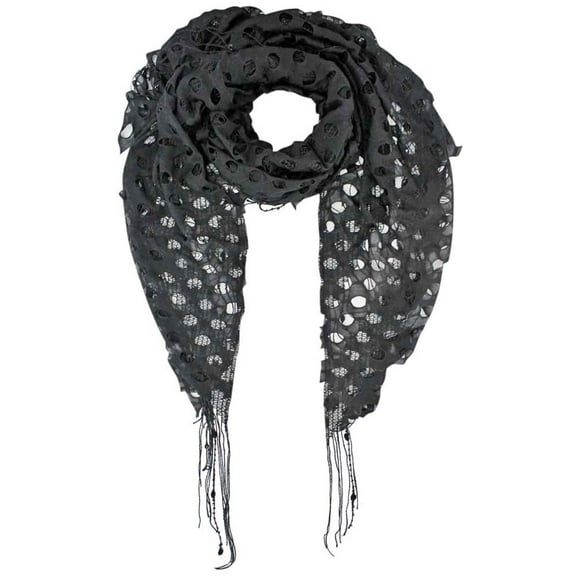 Black Open Knit Lace Net Fringed Shawl Scarf Wrap