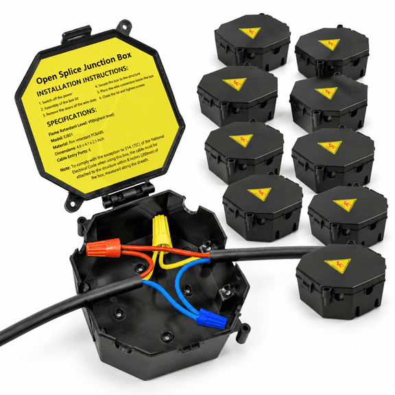 Black Open Splice Junction Box, 8 Pack, 10.67 x 5.00 x 4.37 inches
